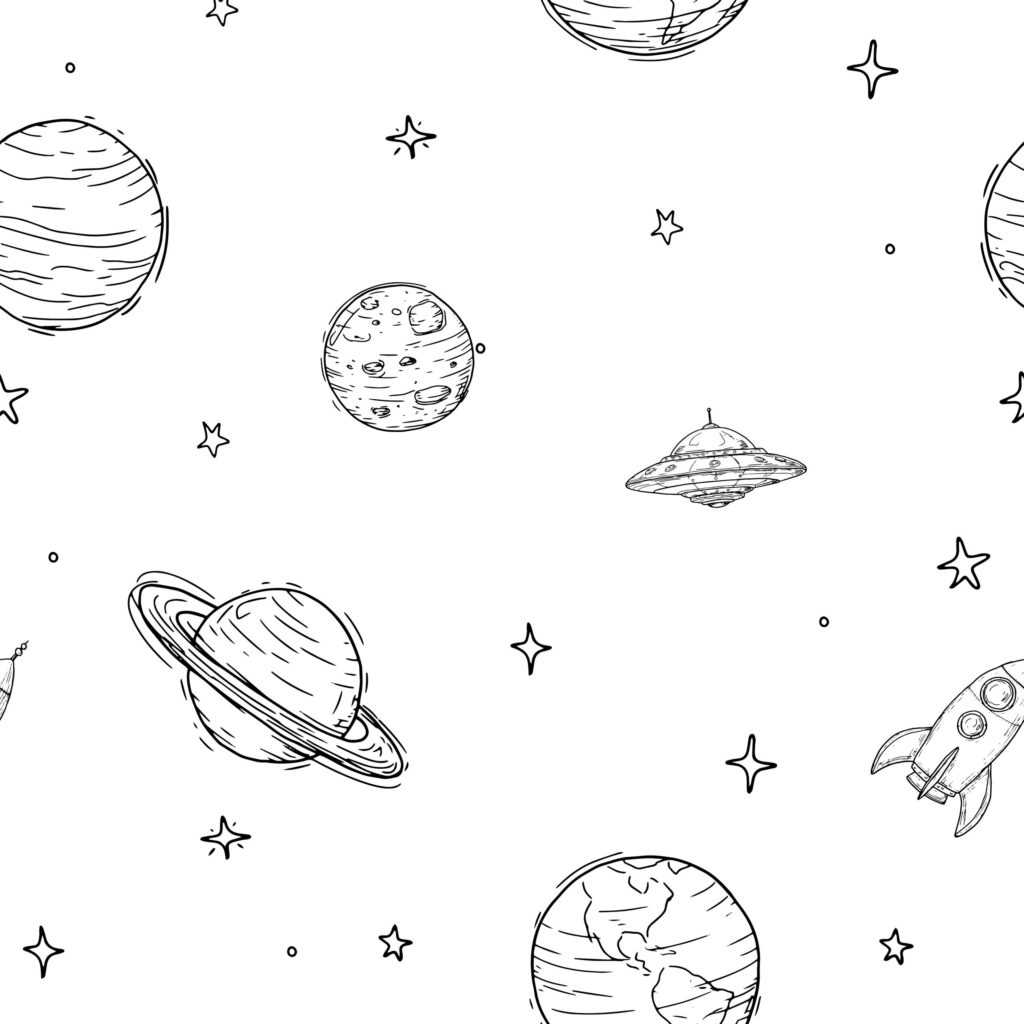 Planets and stars, simple black and white sketch. Vector illustration. A seamless pattern with a rocket and ufo is isolated on white background. For postcards, children's parties and textile printing