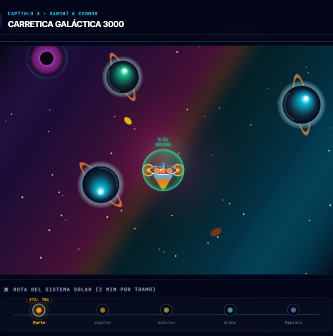 Pantalla del juego con interfaz y recorrido de aventura en mundo fantástico